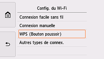 Écran Configuration Wi-Fi : sélectionnez WPS (Bouton pouss.)